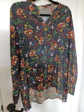 SHANA Black Blouse with Orange, Pink and Blue Petal Print S
